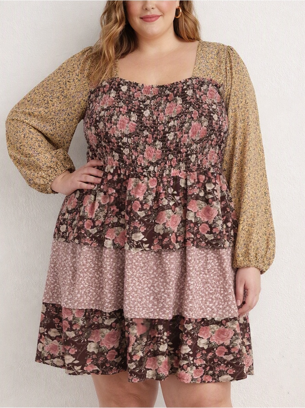 Oddi 2X tiered smocked long sleeve boho dress women’s fall boutique 2xl oddy